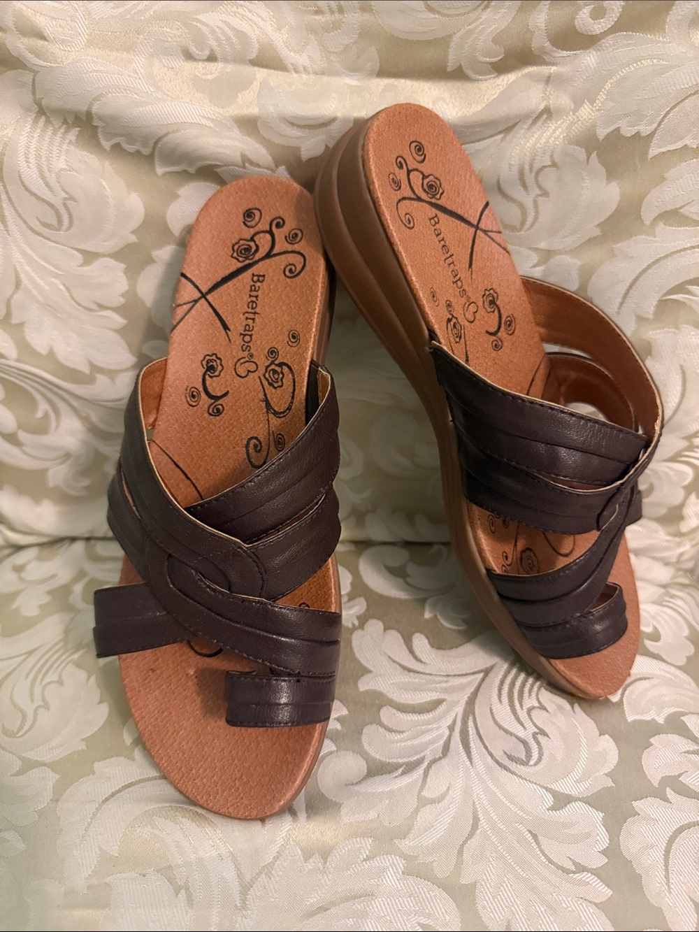 BareTraps “Jolly”  Brown Strappy Leatherette Slide Wedge Mules